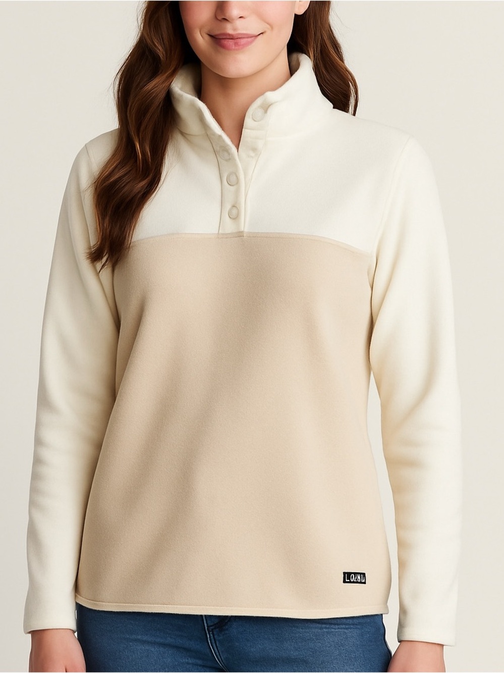 LANDS’ END polar fleece pullover 1/4 snaps long sleeves cream beige size large